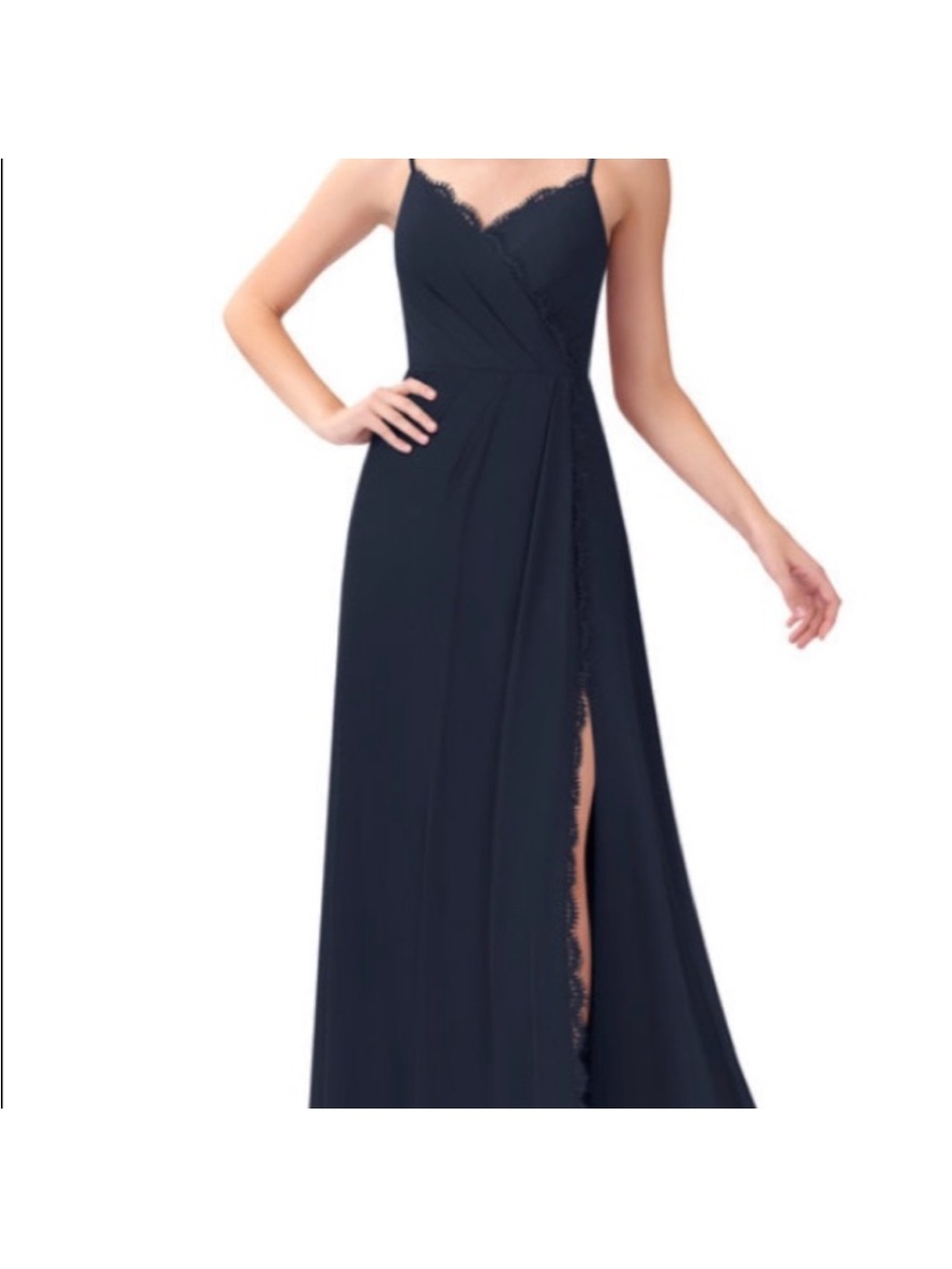 Azazie Tegan Dark Navy Lace-Trim Wrap Style Slip Maxi Dress